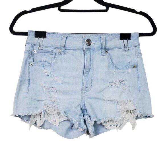 American Eagle Outfitters Pants - American Eagle Womens Light Wash Distressed Hi-Rise Shortie Shorts Size 0